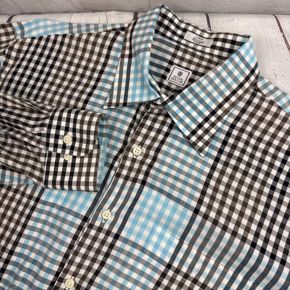 PETER MILLAR MENS OXFORD SHIRT Aqua & Brown Plaid LS Sz L Shirt EUC